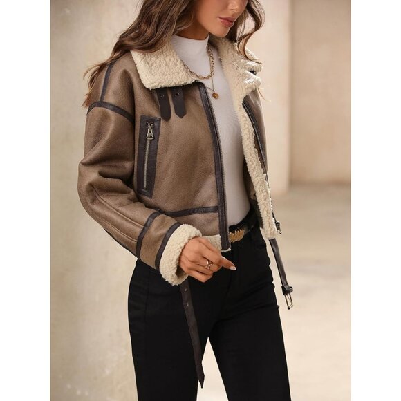 Women's Winter Faux Lamb Fur Leather Short Jacket Lapel Zipper Bomber Coat Camel - Picture 7 of 9